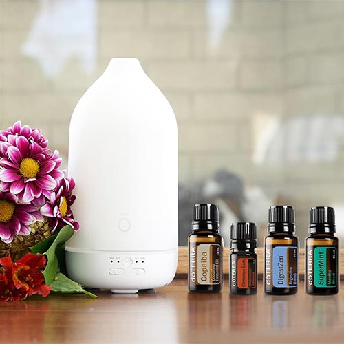 Laluz diffuser and doTERRA essential oils are placed on a table near a vase of flowers.