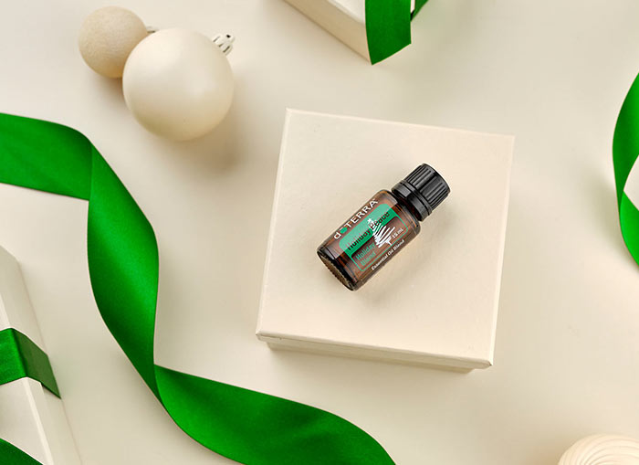 Holiday Joy laying on white box, surrounded by white ornaments and green ribbon. 