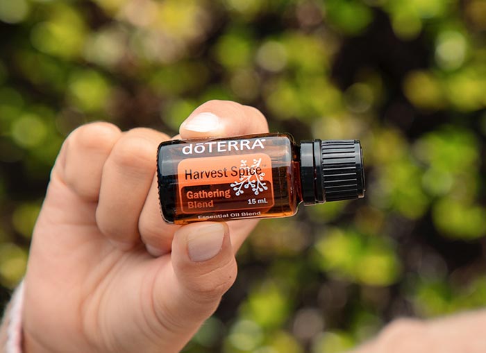 Someone holding doTERRA’s Harvest Spice essential oil blend with two fingers. Blurred outdoor scenery in the background.  