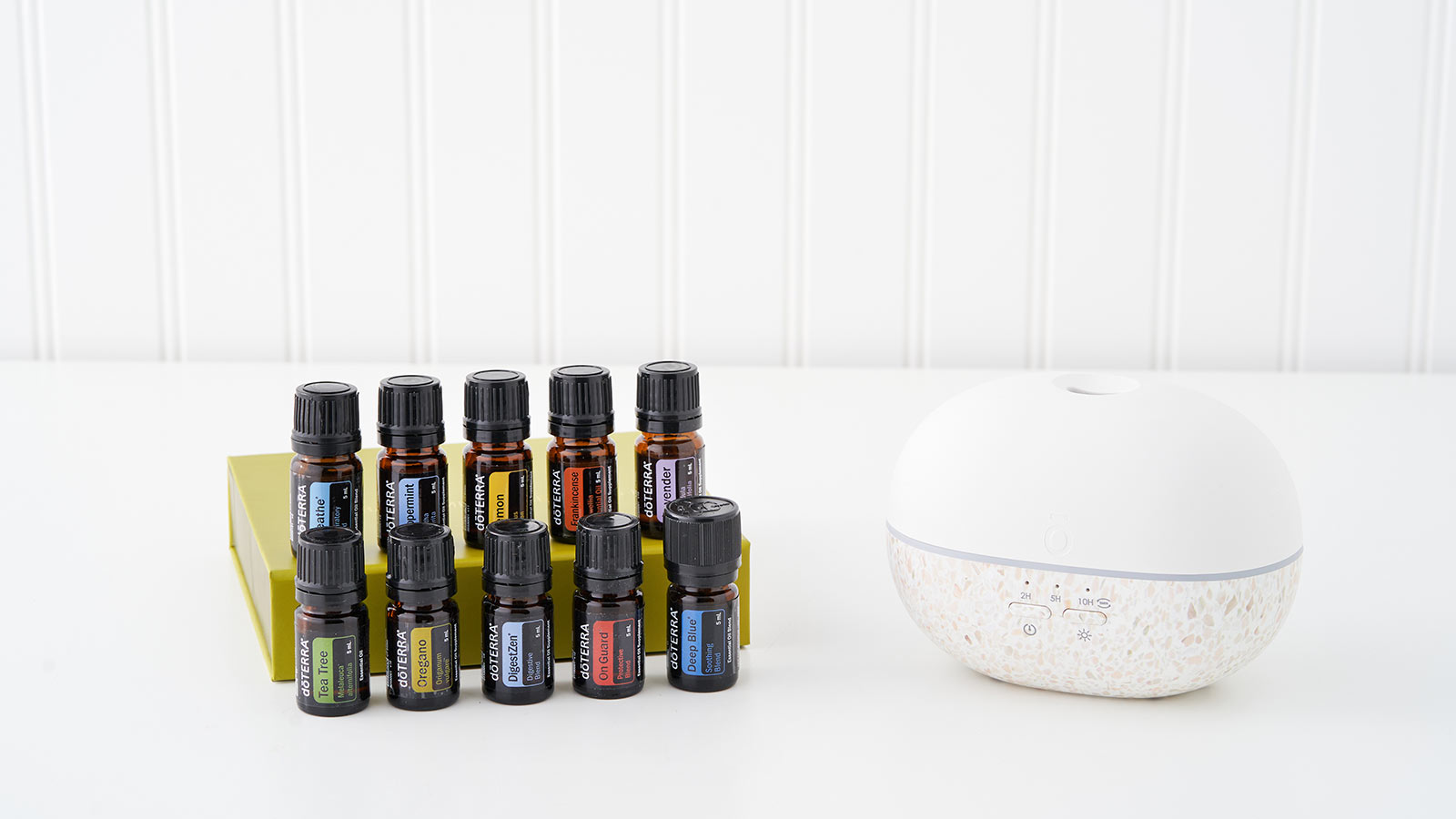 On a white background, each of the doTERRA Healthy Start Kit essential oils is organized in two lines, the first row on top of a green essential oil storage box. The doTERRA Pebble Diffuser sitting to the side.