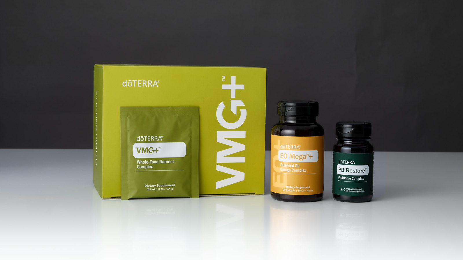 A packaging and product display of PB Restore, EO Mega+ and VMG+, with a black background.