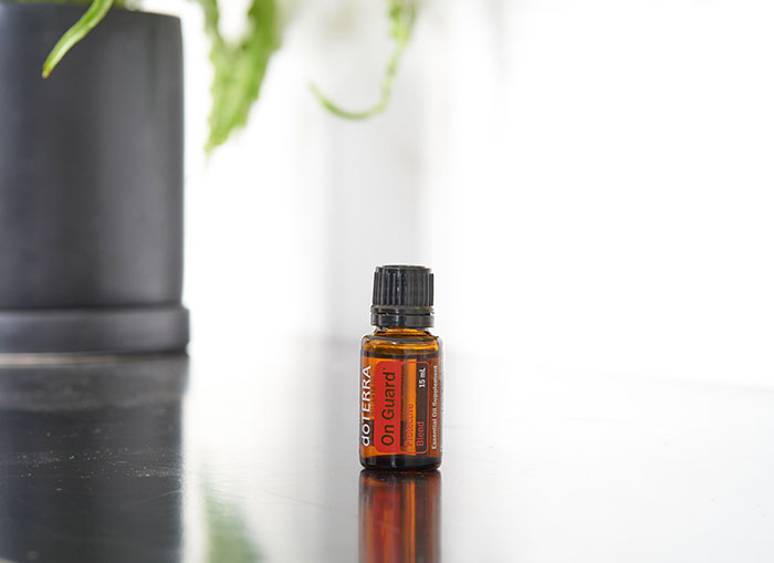 doTERRA On Guard essential oil bottle sitting on a black surface. A green plant in a large, black pot, sitting in the background.  